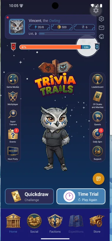 An Owl player's home screen